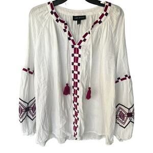 LANE BRYANT White pink purple embroidered gauze blouse tassels boho plus sz 14